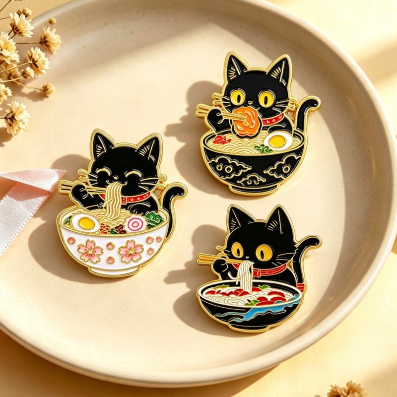 Enamel Pin Set - Niedliche Schwarze Katze beim Nudelessen Emaille-Pin,